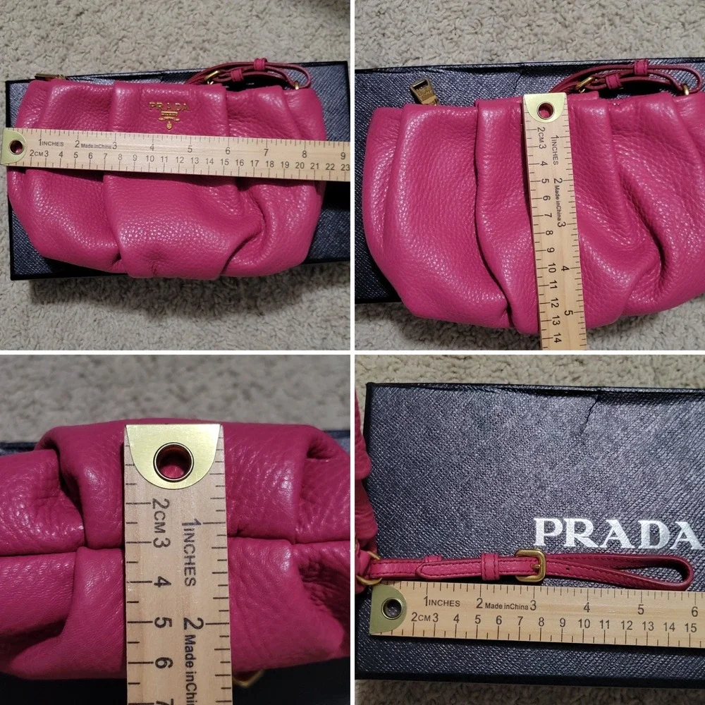 Prada Vitello Daino Peonia Pink Pebbled Leather Pleated Wristlet Clutch 1N1422